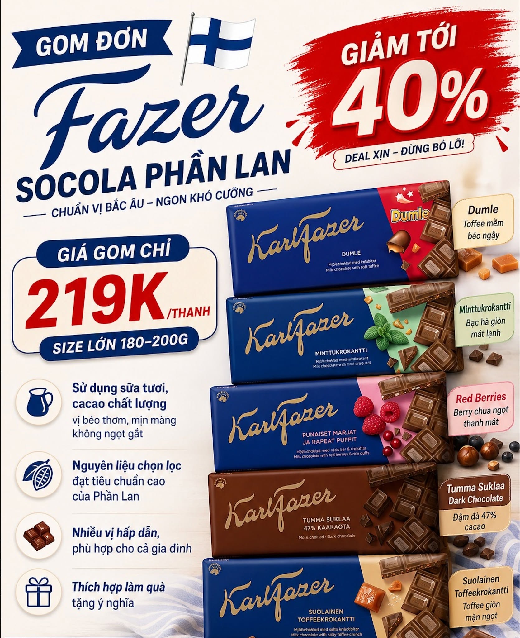 Socola Fazer quốc dân Phần Lan 180g